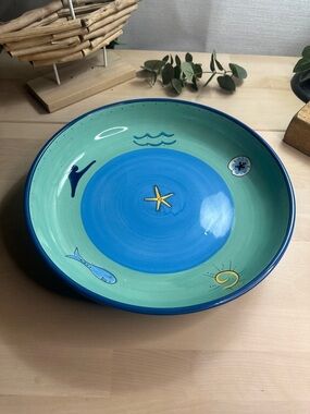 K.I.C. Brushes Hand-Painted Ceramic Serving Bowl- Blue/Seafoam Green Beach Theme